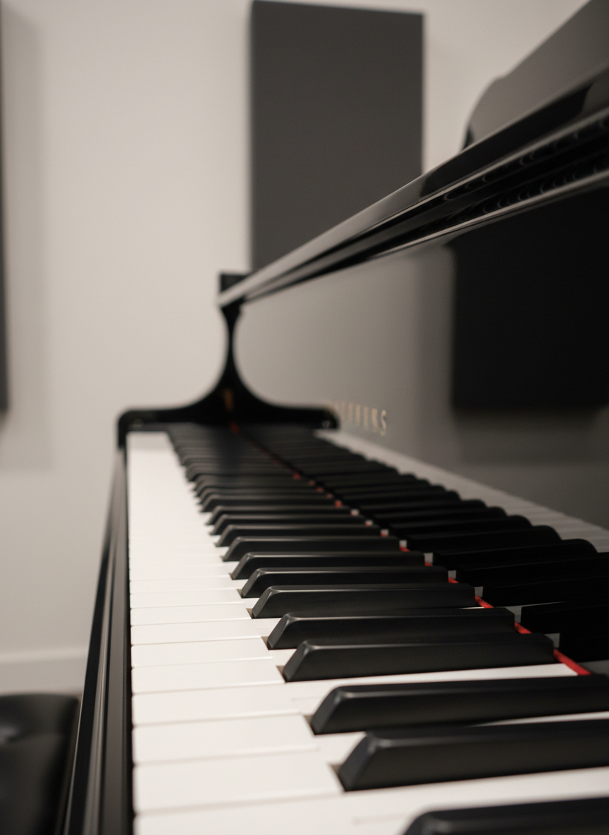 An immaculate, glossy black grand piano keyboard photographed in extreme close-up, showing a perfectly leveled row of white ivory-style keys and contrasting deep black sharps, all aligned in flawless regulation after tuning. The keys catch subtle reflections of the room’s neutral tones. The piano sits in a clean, modern studio with a matte white wall and simple dark acoustic paneling in the softly blurred background. Gentle, warm studio lighting from above creates delicate highlights along the key edges and a refined sheen on the fallboard, with minimal, controlled shadows. Shot from a low, diagonal angle along the length of the keyboard, the image feels precise, calm, and highly professional, ideal for emphasizing tuning accuracy and attention to detail.