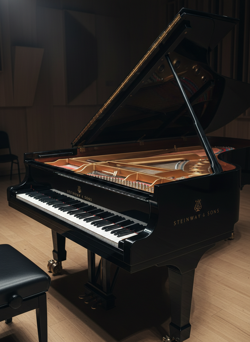 A high-end concert grand piano positioned on a pristine stage, its black lacquer body gleaming under focused white stage lighting. The lid is fully open, revealing meticulously tuned strings, polished cast iron plate, and precise dampers, all in razor-sharp detail. The background falls into soft darkness, with only faint hints of acoustic shell panels and an empty chair, creating a sense of quiet readiness before a performance. Shot from a low three-quarter front angle, the composition emphasizes the piano’s curved silhouette and the symmetry of the keyboard. The lighting creates dramatic highlights along the rim and gentle reflections on the glossy surface, enhancing a mood of professionalism, excellence, and performance-level tuning quality in a clean, photographic realism style.